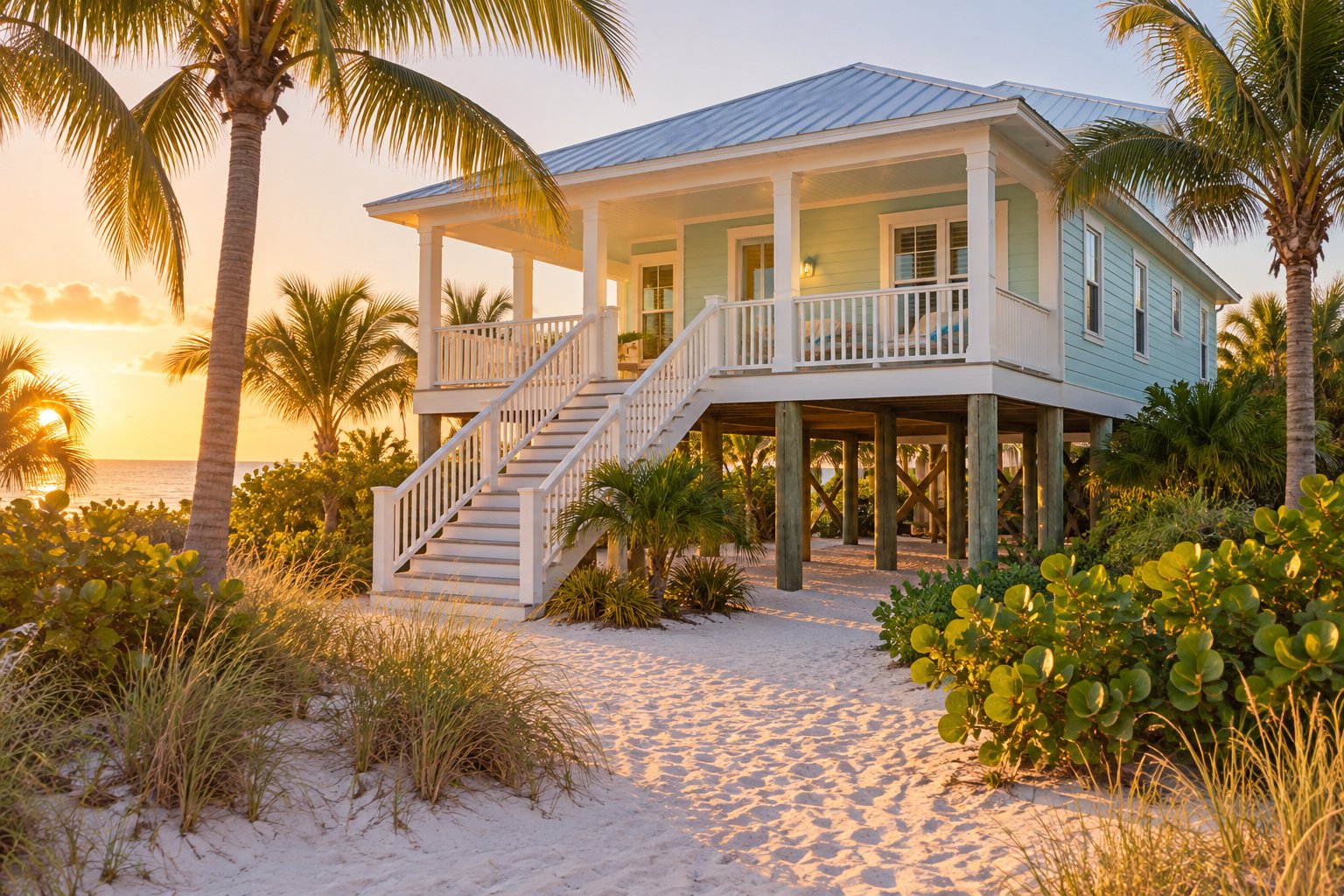 A pastel Southwest Florida beach cottage on stilts at golden hour, illustrative