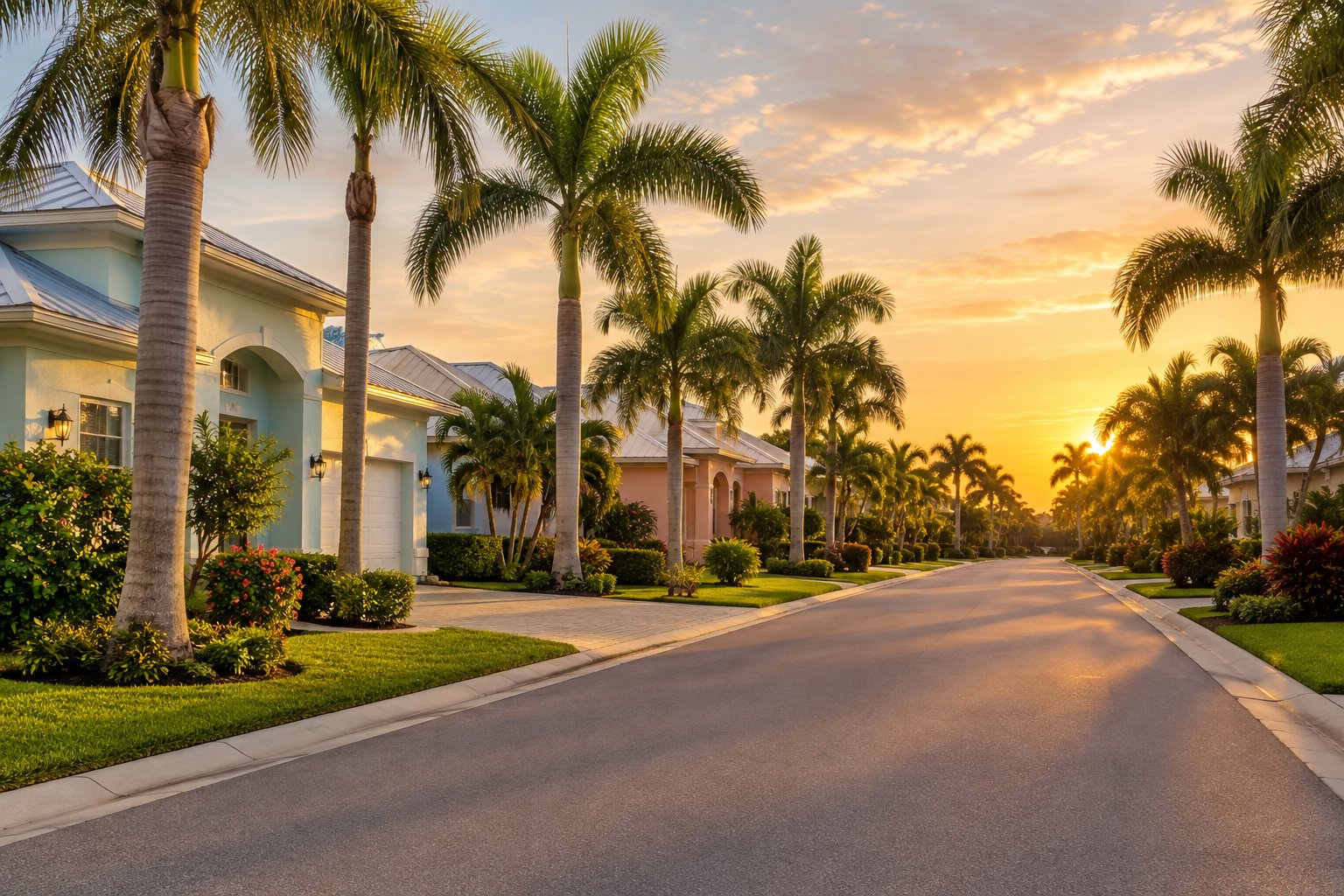 A Fort Myers Beach waterway at sunset, illustrative