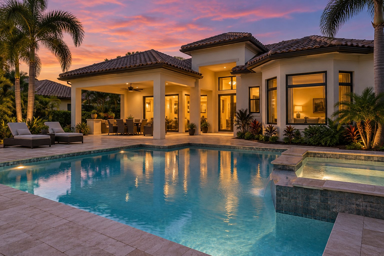 A Fort Myers Beach limestone home exterior at dusk, illustrative